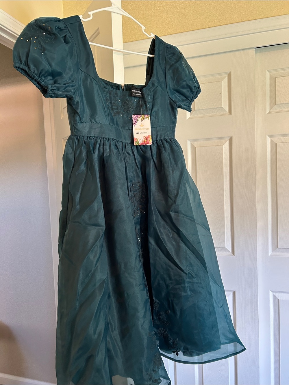 Womens Bridgerton Teal Puff-Sleeve Party Dress